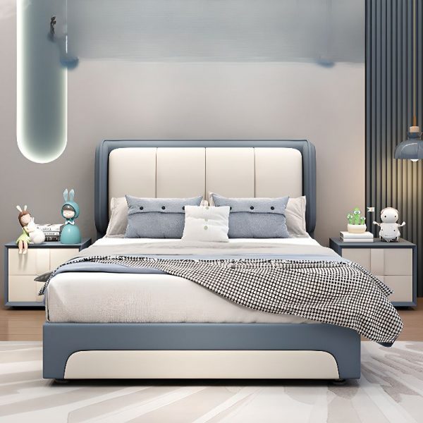 "Cerulean Contemporary Sleigh Natural Wood Standard Kids Bed with Sponge Filled Panel Headboard Gender Neutral"