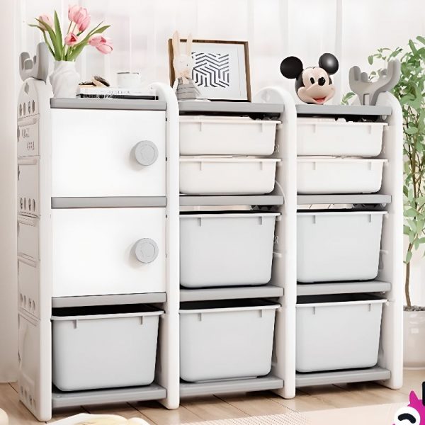 "Dove Grey Polymer Compound Animals Vertical/Horizontal Standard Kids Bookshelf with 5 Shelves/4 Shelves, 2 Doors, 12 Boxes/9 Boxes"